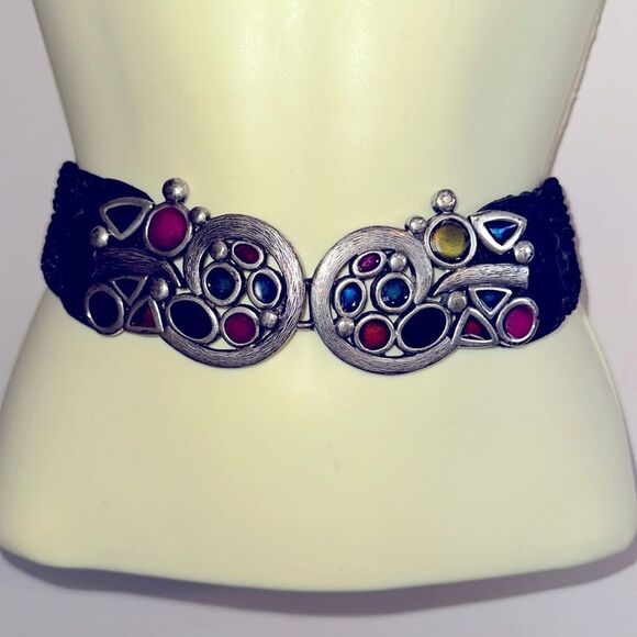 Chico’s tarnished silver multi color enamel painted black woven cord belt - Picture 1 of 8